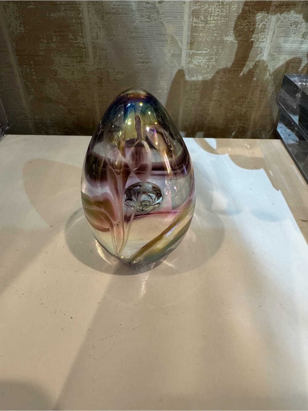 GES  Signed Hand-Blown Iridescent Egg Glass Art Sculpture‎ - Pink and Purple